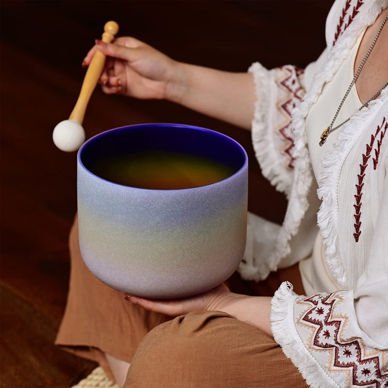 CVNC 440HZ 8 Inch Rainbow Colored A Note Third-Eye Chakra Frosted Quartz Crystal Singing Bowl for Sound Healing and Meditation - Image 5